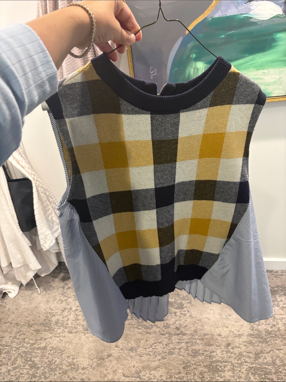 English Factory Yellow, Black & Cream Plaid Mixed-Media Sleeveless Top